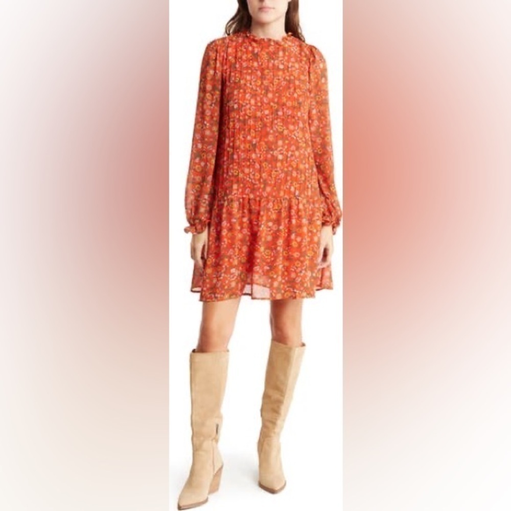 Melloday Ruffle Neck Longsleeve Pleated Dress Orange Floral Nordstrom size XS
